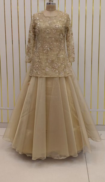 Golden Aura Assemble (Indo Western 3 Piece Set Spegaties/Kurti-Top/Skirt)