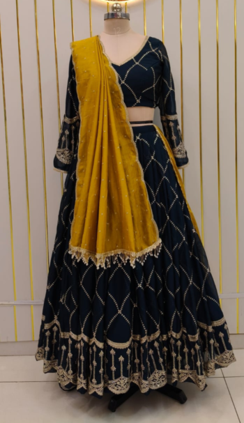 Navy Blue Embroidered Lehenga Choli Set with Mustard Yellow Dupatta